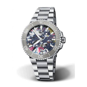Oris Aquis Date Upcycle Herenhorloge 41,5mm met kleurrijke wijzerplaat en roestvrijstalen band. Duurzaam Swiss Made horloge voor heren.