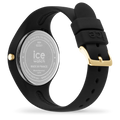 Achteraanzicht van de Ice-Watch Ice-Iconic 023247 dameshorloge met zwarte siliconen band, goudkleurige gesp en 10 ATM waterbestendigheid.