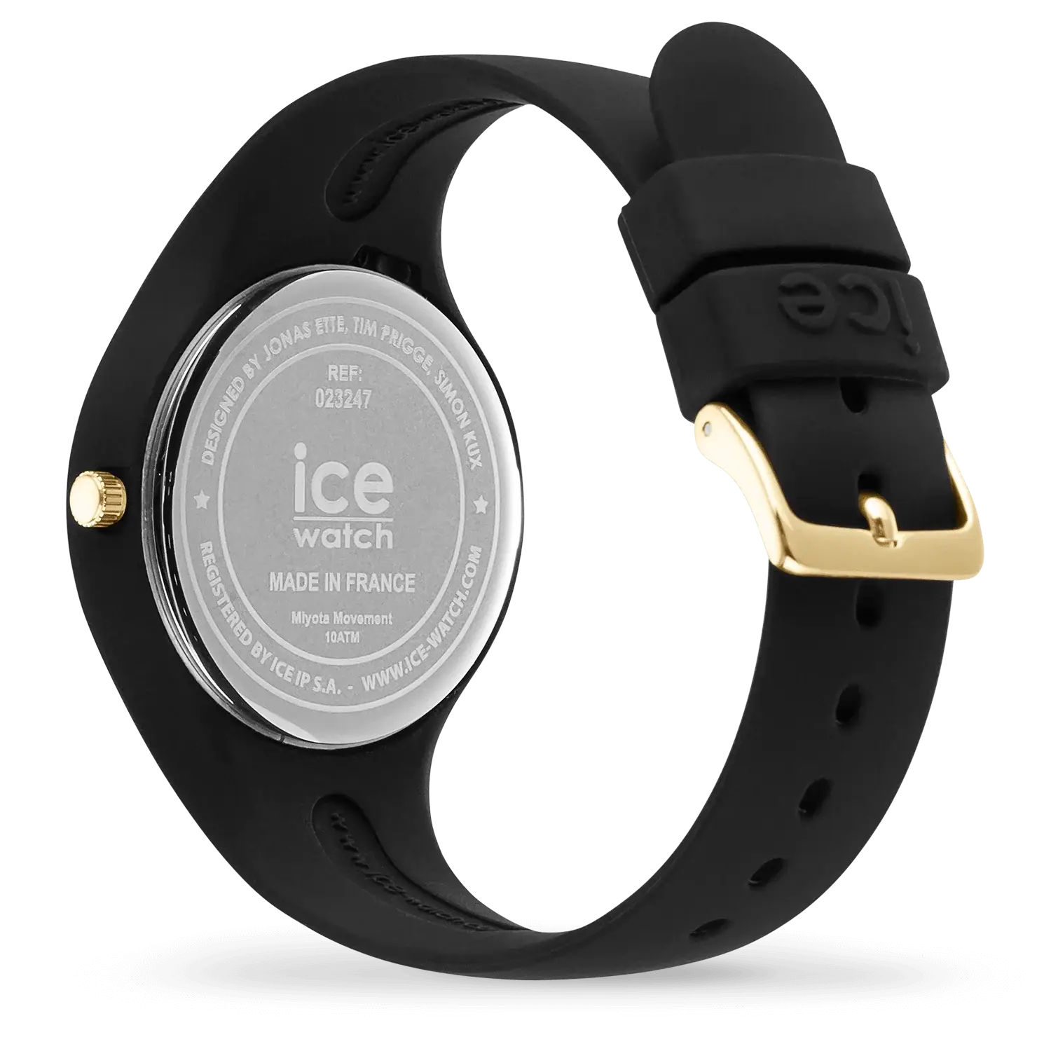Achteraanzicht van de Ice-Watch Ice-Iconic 023247 dameshorloge met zwarte siliconen band, goudkleurige gesp en 10 ATM waterbestendigheid.