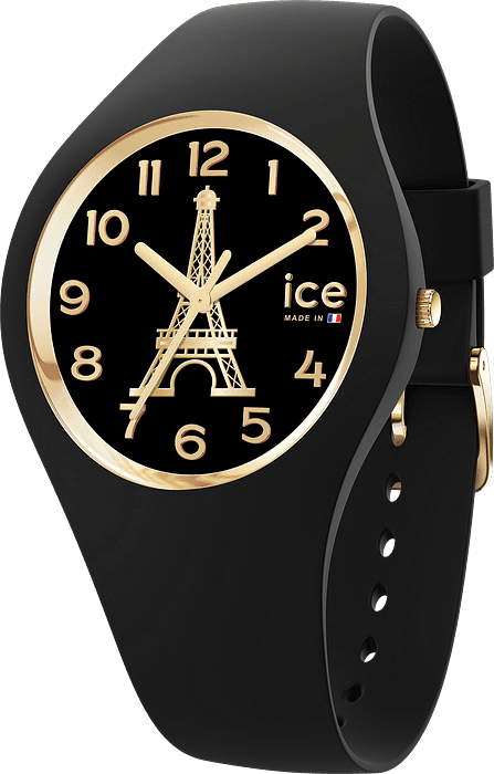 Ice-Iconic 31mm dameshorloge van Ice-Watch met zwarte siliconen band, goudkleurige wijzerplaat en Eiffeltoren design, waterbestendig tot 10 ATM.