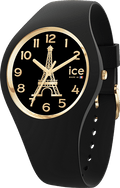 Ice-Iconic 31mm dameshorloge van Ice-Watch met zwarte siliconen band, goudkleurige wijzerplaat en Eiffeltoren design, waterbestendig tot 10 ATM.