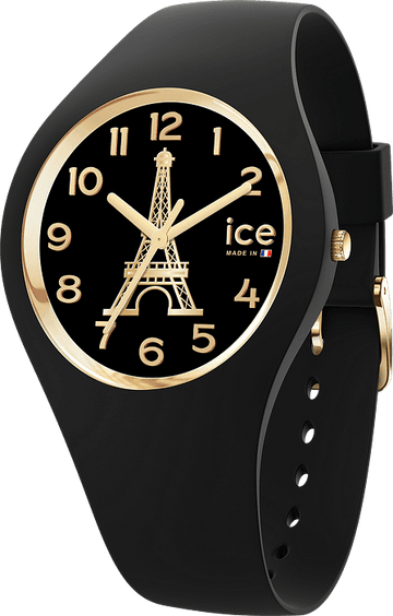 Ice-Iconic 31mm dameshorloge van Ice-Watch met zwarte siliconen band, goudkleurige wijzerplaat en Eiffeltoren design, waterbestendig tot 10 ATM.