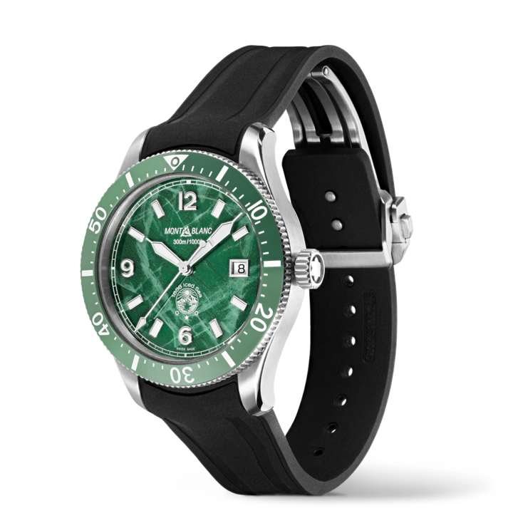 Montblanc 1858 Iced Sea Automatic Date ref: 129765 Herenhorloge 41mm met groene wijzerplaat en zwarte rubberen band. Luxe Zwitsers duikhorloge voor heren.