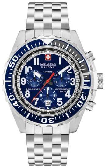 Swiss Military Hanowa Touchdown 06-5304.04.003 heren chronograaf met blauwe wijzerplaat, 44mm RVS kast en edelstalen band. Zwitsers quartz-uurwerk.