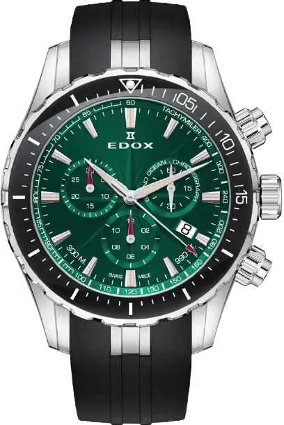 Edox Herenhorloge - Grand Ocean Chronograaf met groene wijzerplaat, zwarte duikring en rubberen band. Swiss Made duikhorloge van 43mm.