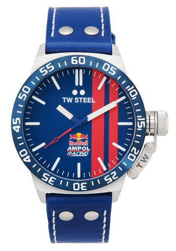 TW Steel CS112 45mm Canteen horloge met blauw-rode Red Bull Ampol wijzerplaat en blauwe lederen band. Sportief herenhorloge voor elke gelegenheid.