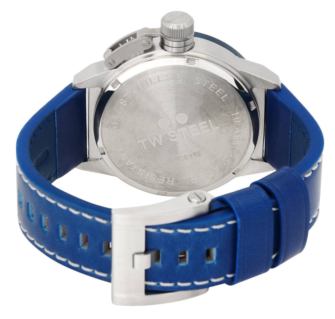 TW Steel CS112 45mm Canteen horloge met blauw-rode Red Bull Ampol wijzerplaat en blauwe lederen band. Sportief herenhorloge voor elke gelegenheid.