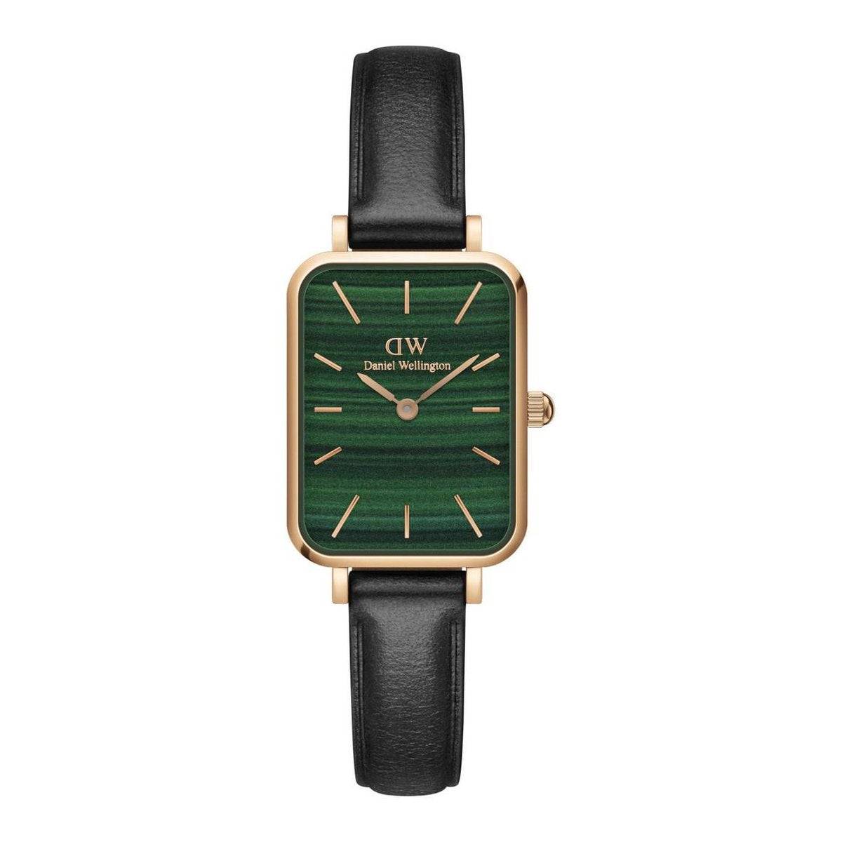 Daniel Wellington DW00100439 dameshorloge met rechthoekige groene wijzerplaat en zwarte leren band, elegant accessoire voor dames.