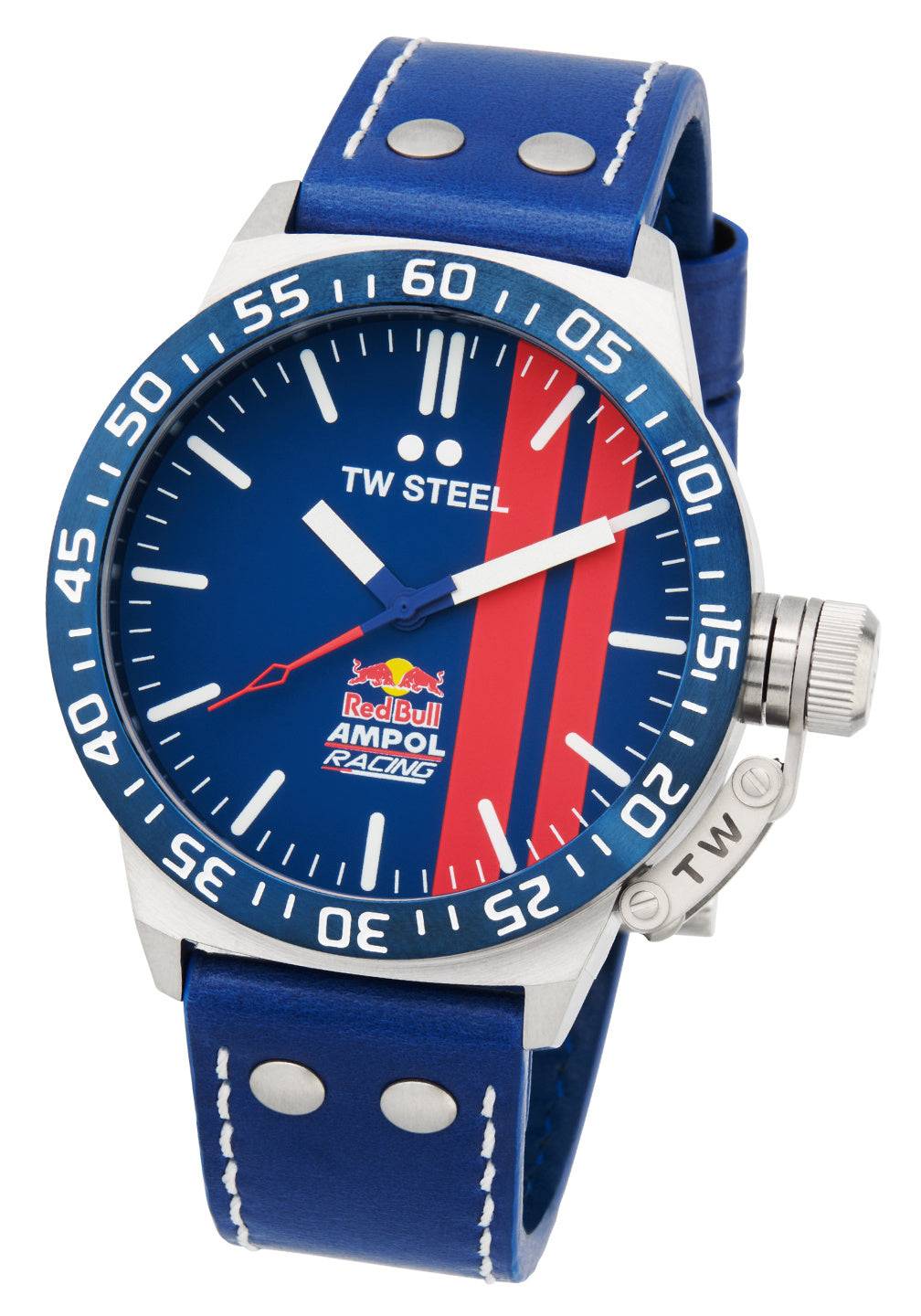 TW Steel CS112 45mm Canteen horloge met blauw-rode wijzerplaat en Red Bull Ampol Racing logo, herenhorloge met blauwe lederen band.