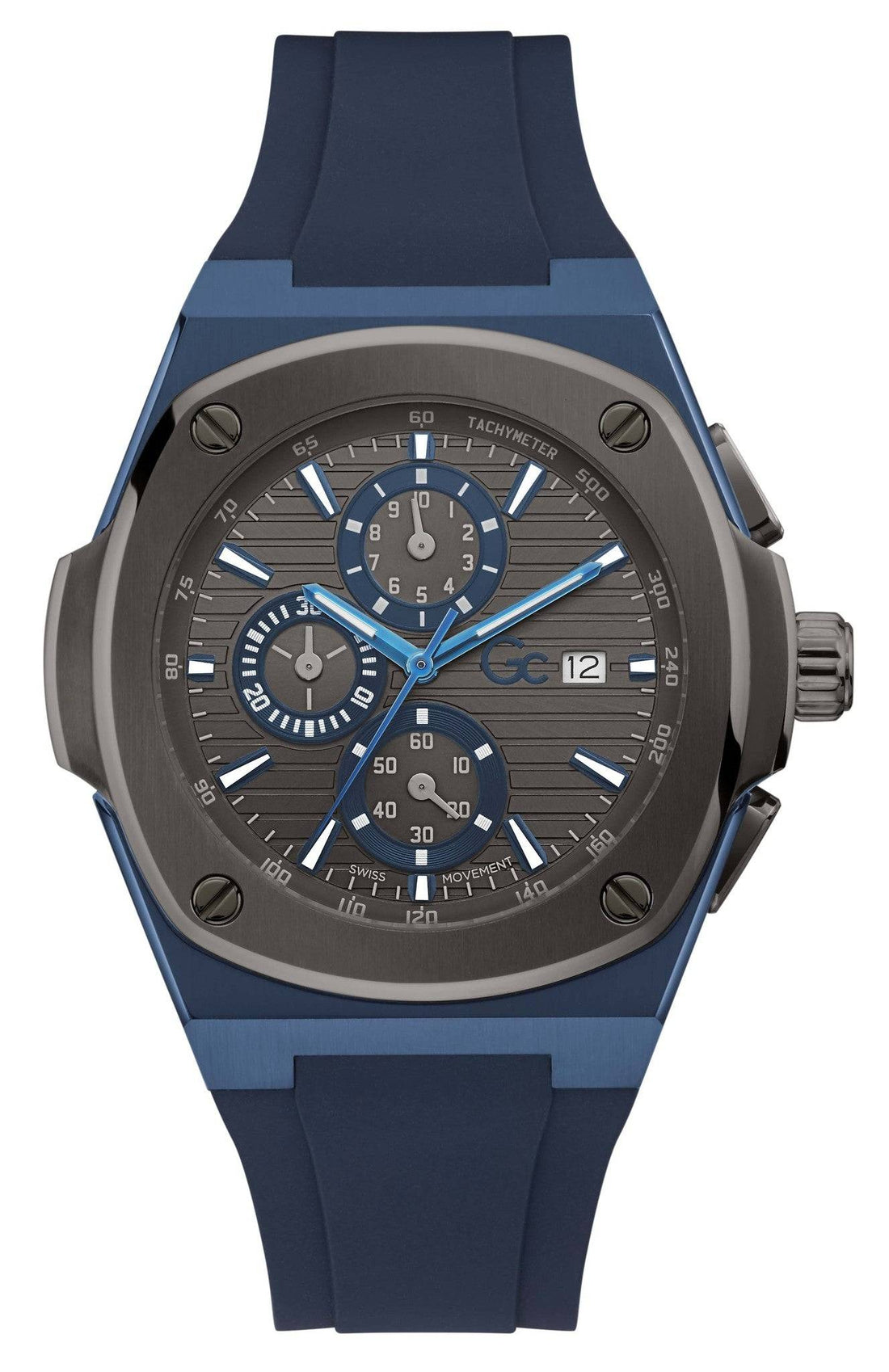 Gc Herenhorloge 44mm - Shape Y99004G5MF met blauwe siliconen band en zwarte chronograaf wijzerplaat, Swiss Made precisie voor heren.