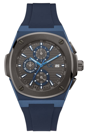 Gc Herenhorloge 44mm - Shape Y99004G5MF met blauwe siliconen band en zwarte chronograaf wijzerplaat, Swiss Made precisie voor heren.