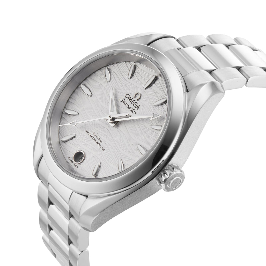Omega Seamaster Aqua Terra 150M Co-Axial Master Chronometer dameshorloge 34mm met zilveren wijzerplaat en roestvrijstalen band. Luxe Swiss Made horloge voor dames, waterdicht en elegant.
