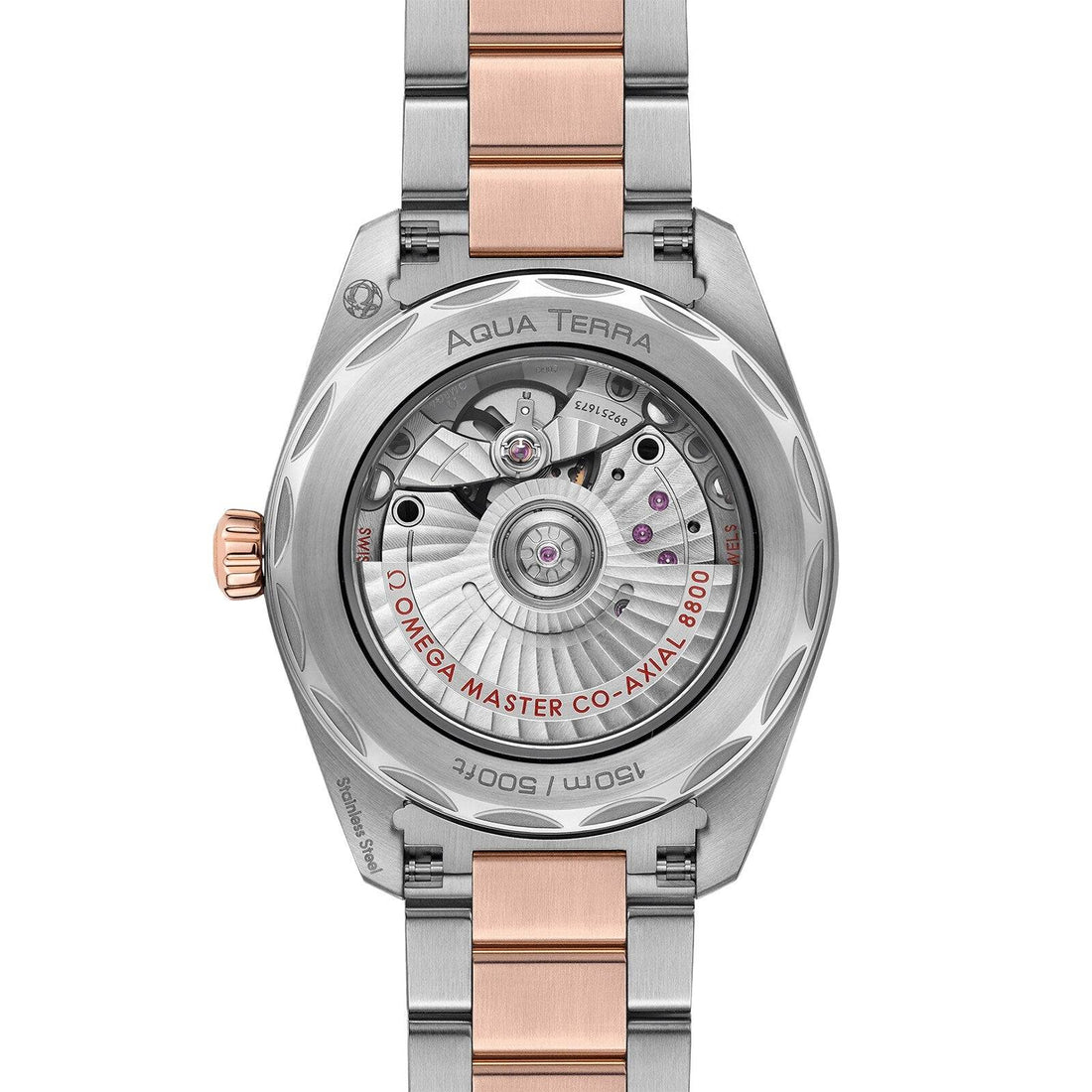 Omega Seamaster Aqua Terra Co-Axial Master Chronometer 38mm dameshorloge met blauwe wijzerplaat en roségouden accenten. Luxe Zwitsers horloge voor dames.