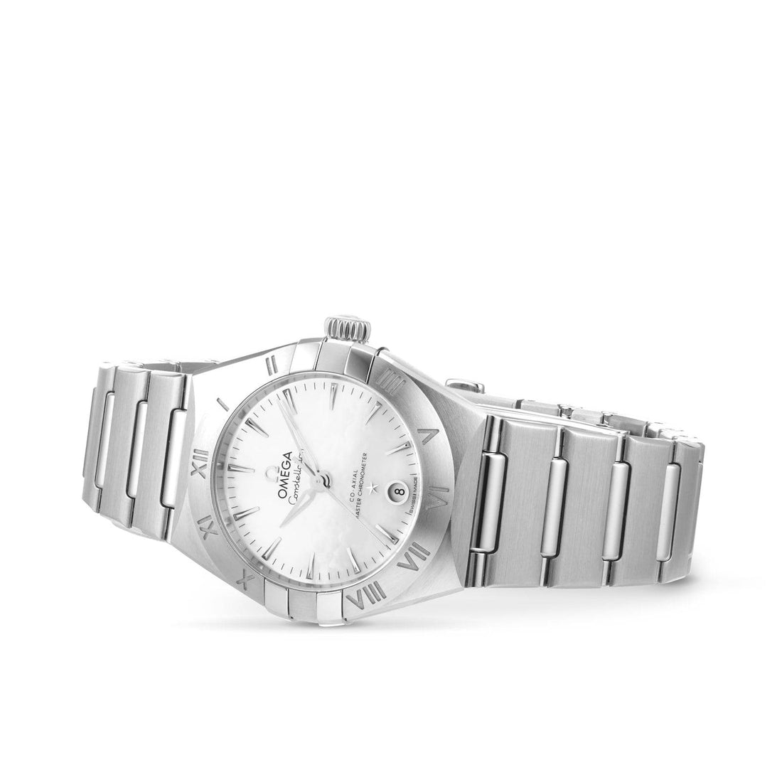 Omega Constellation Co-Axial Automatisch Dameshorloge O13110292005001 29mm met parelmoeren wijzerplaat en roestvrijstalen band. Luxe Swiss Made dames horloge voor stijlvolle gelegenheden.