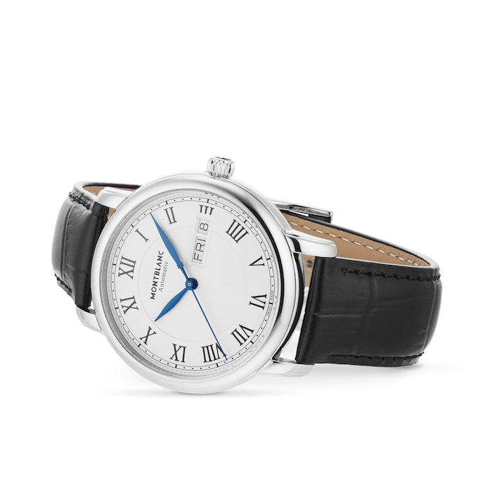 Montblanc Star Legacy Automatic ref: 128686 39mm herenhorloge met zilverkleurige wijzerplaat, Romeinse cijfers en zwarte lederen band. Luxe Swiss Made horloge voor stijlvolle heren.