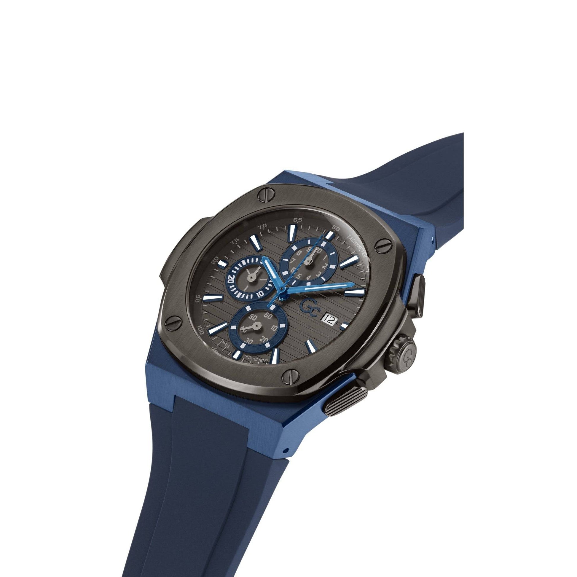 Gc Herenhorloge 44mm - Shape Y99004G5MF met blauw siliconen band en zwart chronograaf uurwerk, Swiss Made precisie en sportieve stijl