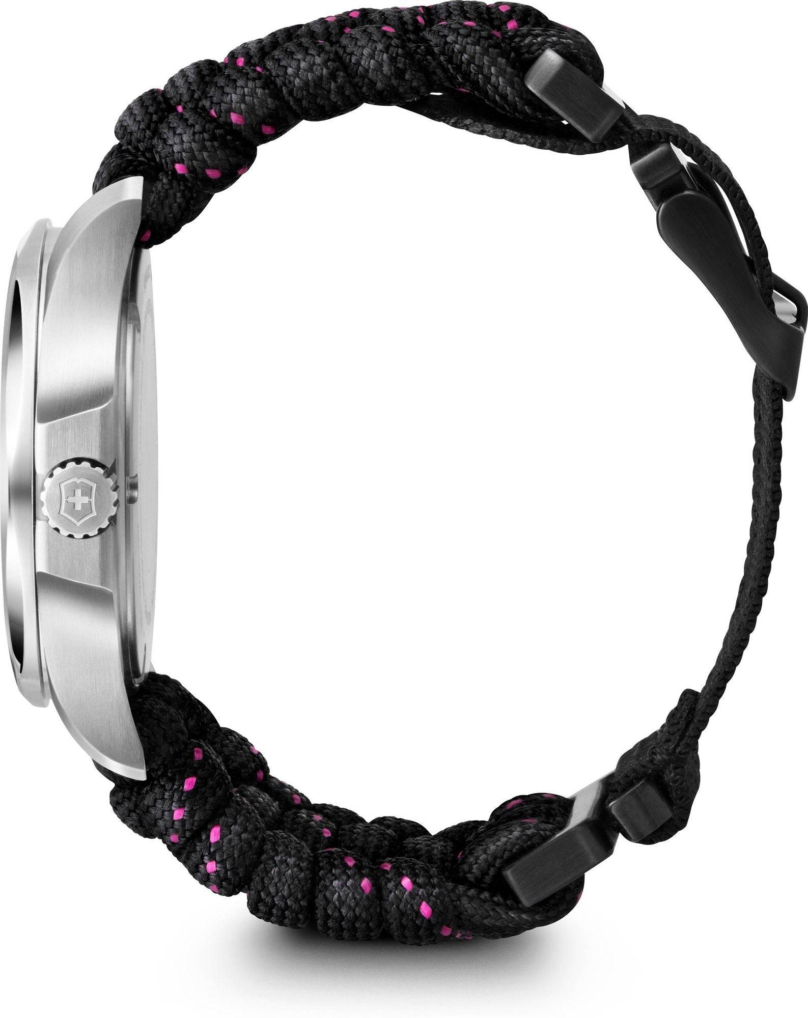Zijaanzicht van de Victorinox I.N.O.X. Dameshorloge 37mm met zwarte paracord band en roestvrijstalen kast, ideaal voor outdoor gebruik.