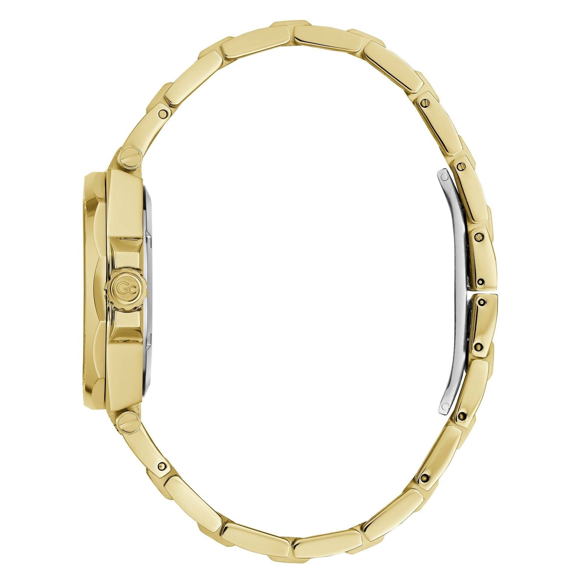 Zijaanzicht van de Gc Dameshorloge 34mm - Classic Collection Z38001L9MF met goudkleurige schakelband en verfijnde afwerking. Luxe Swiss Made dameshorloge.