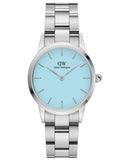 Daniel Wellington Iconic Link Capri Horloge 32mm DW00100541 met zilverkleurige schakelband en lichtblauwe wijzerplaat, damesmodel.