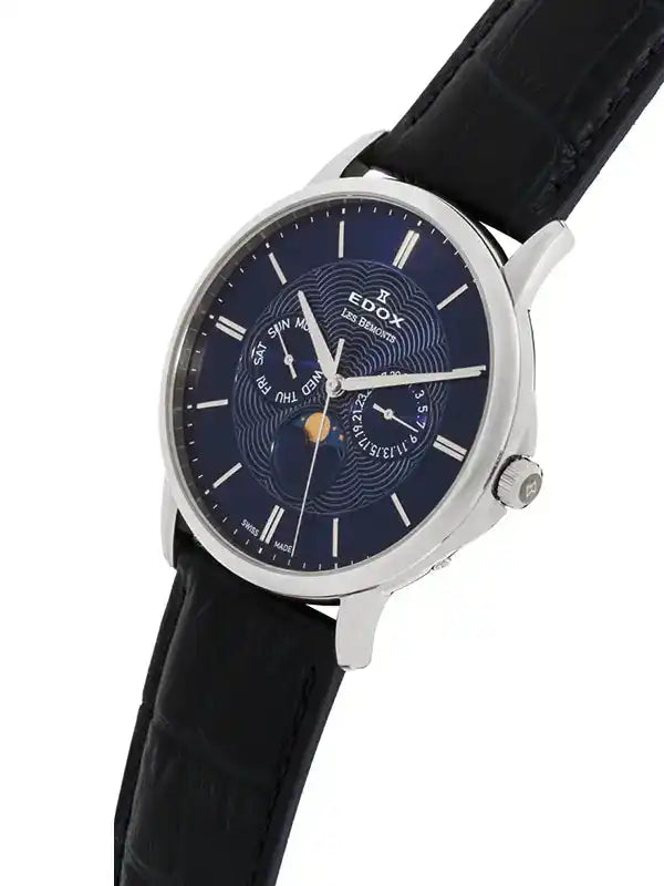 Edox Les Bémonts Chrono herenhorloge 42mm met blauwe wijzerplaat, maanfase en zwarte leren band. Zwitsers quartz uurwerk voor stijlvolle mannen.