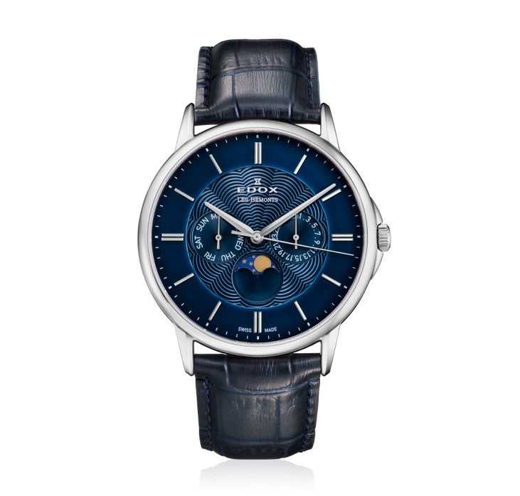 Edox Les Bémonts Chrono herenhorloge 42mm met blauwe wijzerplaat, maanfasefunctie en lederen band. Zwitsers quartz uurwerk voor stijlvolle heren.