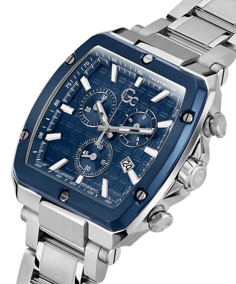 Gc Herenhorloge 44mm - Tonneau Z18002G5MF met blauwe wijzerplaat en chronograaf, luxe Swiss Made horloge met roestvrijstalen band.