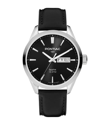 Pontiac Victor herenhorloge 42mm P20114 met zwart lederen band en zwarte wijzerplaat. Elegant Swiss Made horloge voor elke gelegenheid.