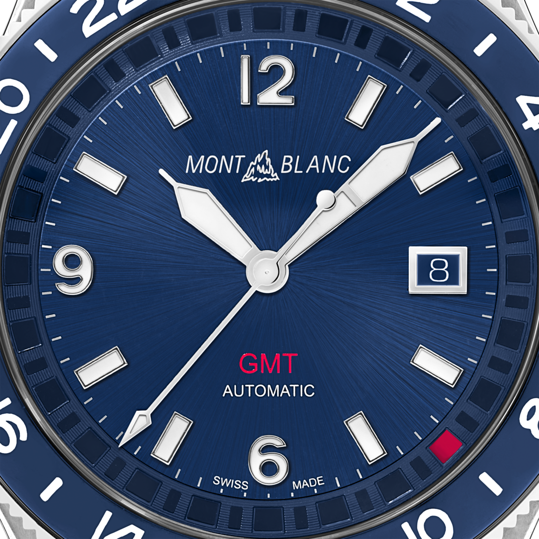 Montblanc 1858 GMT Automatic ref: 129617 herenhorloge 42mm met blauwe wijzerplaat, GMT-functie en rubberen band. Luxe Swiss Made horloge voor heren.