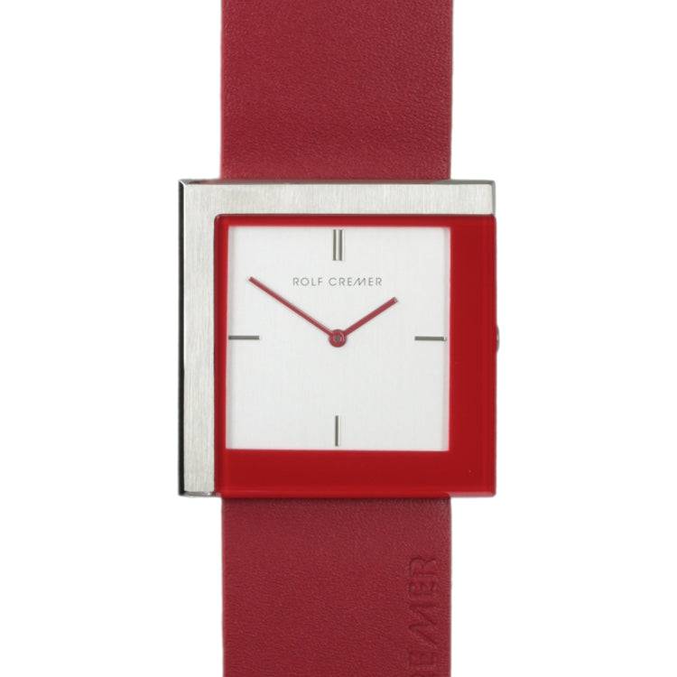 Rolf Cremer Horloge Design - Uniek 36x36 mm met rood leren bandje en vierkante kast, modern herenhorloge voor stijlvolle gelegenheden.
