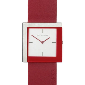 Rolf Cremer Horloge Design - Uniek 36x36 mm met rood leren bandje en vierkante kast, modern herenhorloge voor stijlvolle gelegenheden.