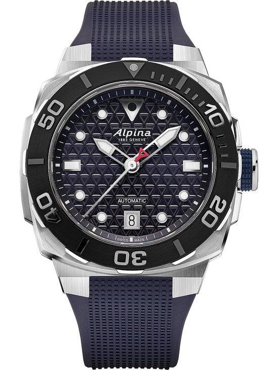 Alpina Seastrong Diver horloge 39mm voor heren met zwarte duikring en blauwe rubberen band. Swiss made herenhorloge met stijlvolle uitstraling.