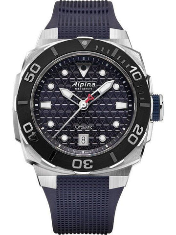 Alpina Seastrong Diver horloge 39mm voor heren met zwarte duikring en blauwe rubberen band. Swiss made herenhorloge met stijlvolle uitstraling.
