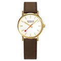 Mondaine EVO2 dameshorloge - Iconisch Zwitsers ontwerp met goudkleurige kast en bruine leren band, 30 mm wijzerplaat voor elegante look.