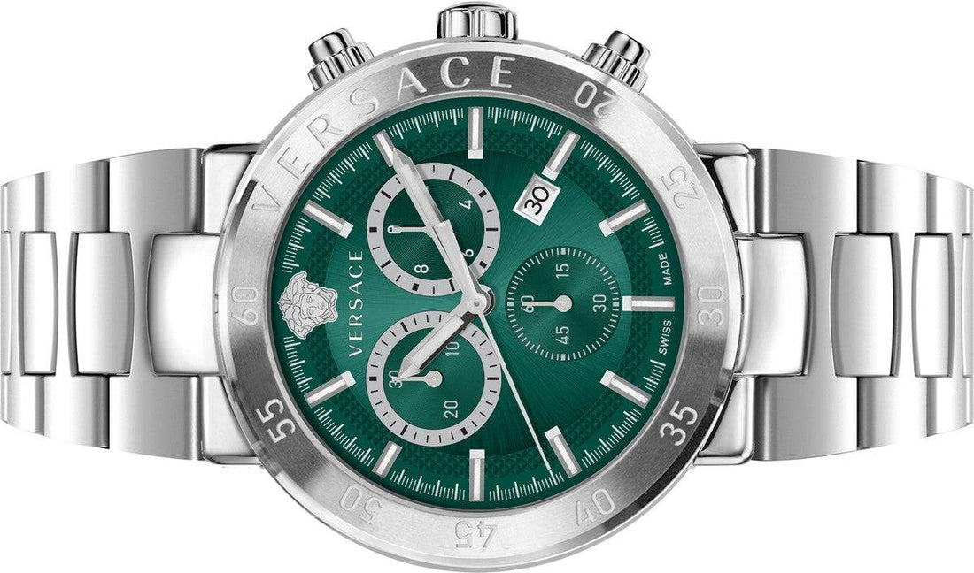 Versace Chronograaf Herenhorloge - Urban Mystique met groene wijzerplaat en zilverkleurige roestvrijstalen band, Swiss Made 43mm model VEPY01021.