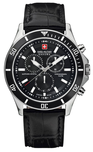 Swiss Military Horloge - Chronograaf 42mm voor heren met zwart leren bandje en zilverkleurige kast. Luxe Swiss Made herenhorloge met sportief design.