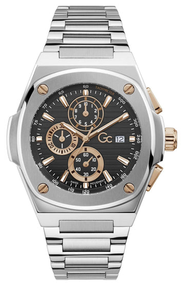 Gc Herenhorloge Shape 44mm Y99001G2MF met zilveren en roségouden accenten, chronograafwijzerplaat en roestvrijstalen band. Luxe Swiss Made horloge voor heren.