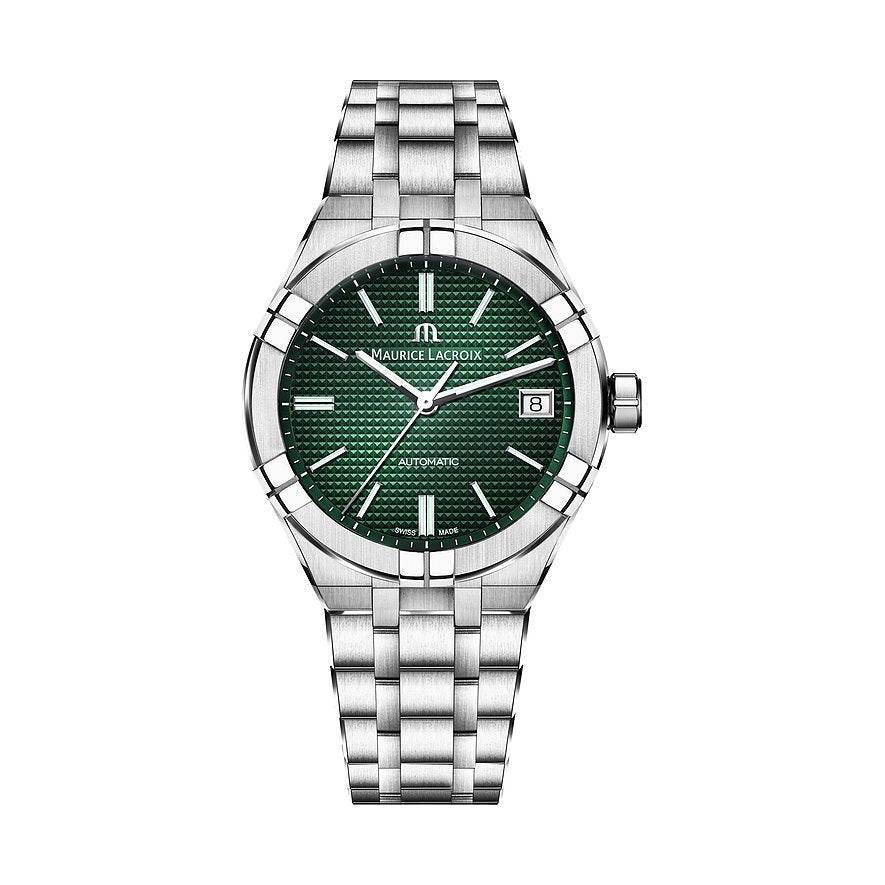 Aikon Automatic Herenhorloge - Maurice Lacroix Date 39mm met groene wijzerplaat en roestvrijstalen band. Luxe Swiss Made herenhorloge met datumfunctie.