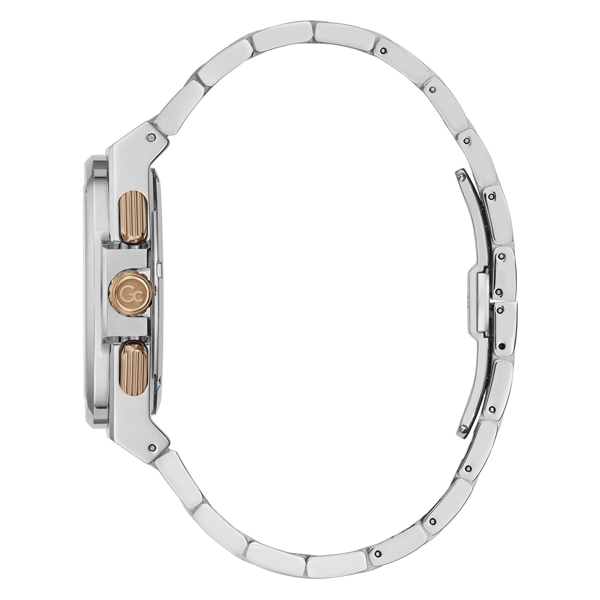 Zijaanzicht van de Gc Herenhorloge Shape 44mm Y99001G2MF met zilveren roestvrijstalen band en goudkleurige kroon. Luxe Swiss Made horloge voor heren.