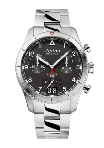 Alpina Startimer Pilot Chronograph herenhorloge 41mm met zwarte wijzerplaat, grote datum en roestvrijstalen band. Zwitsers design voor piloten.
