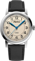Alpina Heritage Automatic AL-520BG3SH6 heren horloge met beige wijzerplaat, blauwe wijzers en zwart leren bandje, Swiss Made kwaliteit.