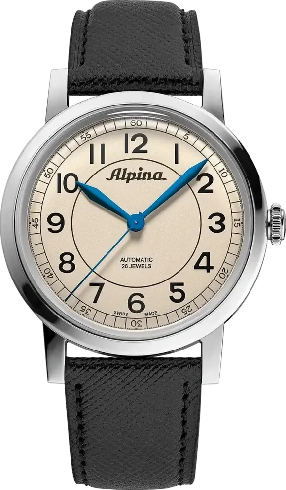 Alpina Heritage Automatic AL-520BG3SH6 heren horloge met beige wijzerplaat, blauwe wijzers en zwart leren bandje, Swiss Made kwaliteit.