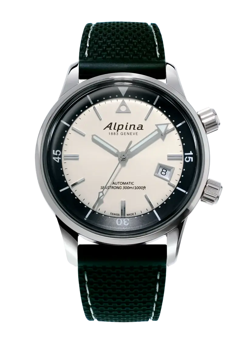 Alpina Heritage Seastrong Diver 300 horloge - Herenhorloge 42mm met zwart-witte wijzerplaat en donkergroene band, Swiss Made duikhorloge.
