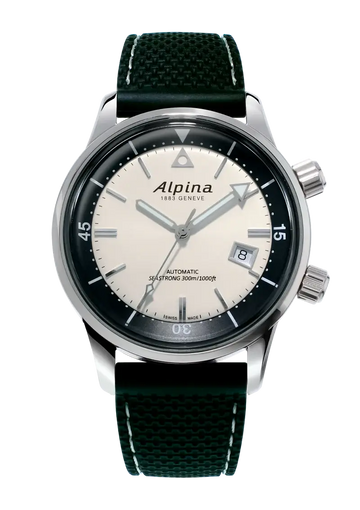Alpina Heritage Seastrong Diver 300 horloge - Herenhorloge 42mm met zwart-witte wijzerplaat en donkergroene band, Swiss Made duikhorloge.