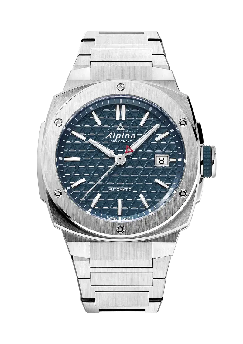Alpina Alpiner Extreme Herenhorloge 40mm met blauw geometrisch patroon op wijzerplaat en roestvrijstalen band. Swiss Made automatisch horloge voor heren.