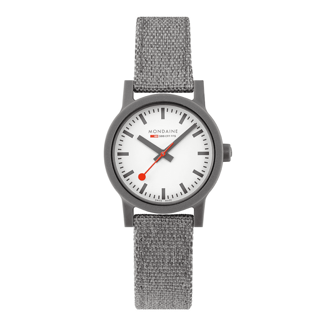 Mondaine Dameshorloge 32MM - Essence Kunststof met grijze textielband en minimalistisch Zwitsers design. Duurzaam horloge voor dagelijks gebruik.