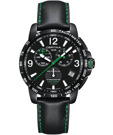Certina DS Podium Herenhorloge 42mm met zwart leren bandje en groene accenten, Swiss Made chronometer voor heren, nieuw model