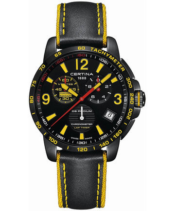 Certina DS Podium c034453360571 Herenhorloge 42mm met zwart-geel design, tachymeter en chronometerfunctie, Swiss Made kwaliteitshorloge.