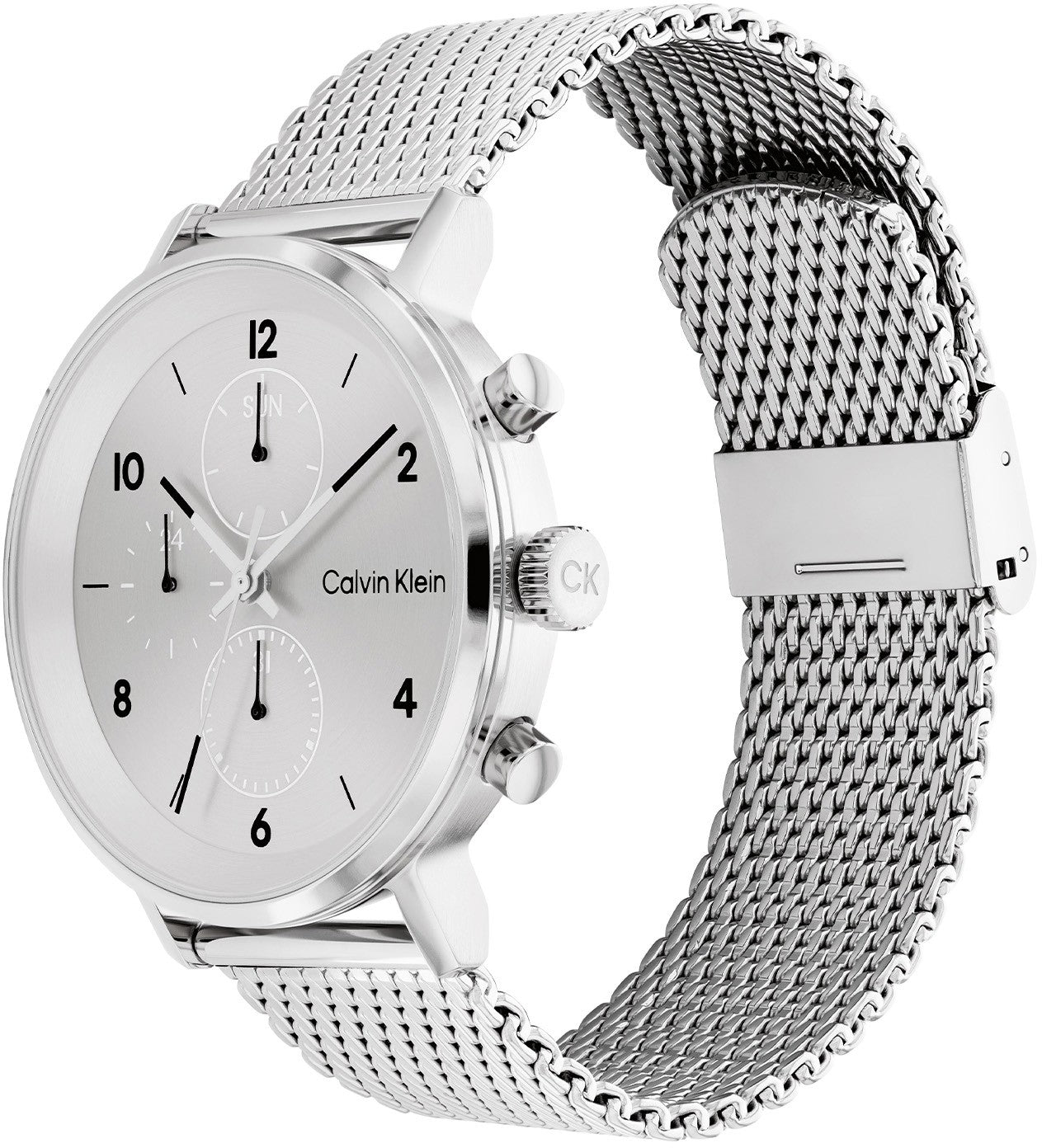 Calvin Klein CK25200107 Modern Herenhorloge 44mm met zilveren mesh band en minimalistische wijzerplaat. Swiss Made horloge voor stijlvolle heren.