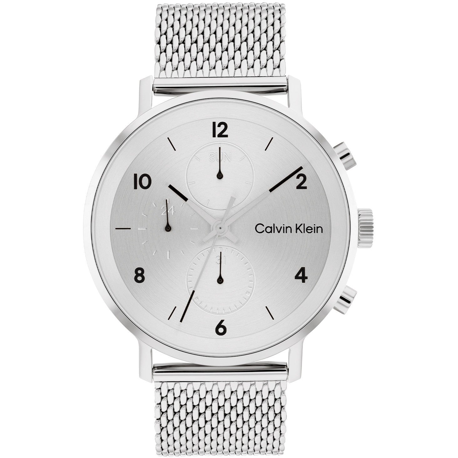 Calvin Klein CK25200107 Modern Herenhorloge 44mm met zilveren mesh band en minimalistische wijzerplaat. Swiss Made horloge voor stijlvolle heren.
