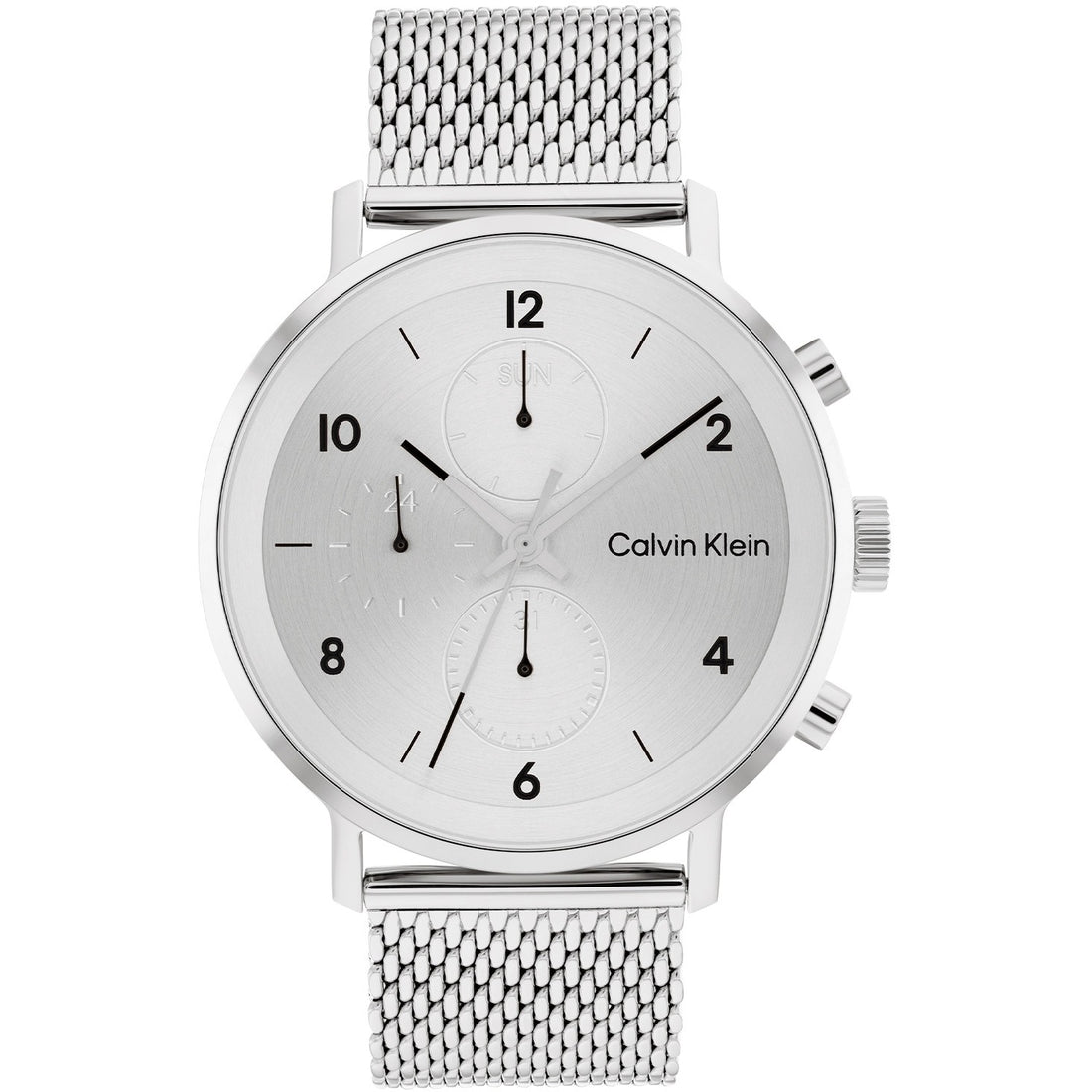Calvin Klein CK25200107 Modern Herenhorloge 44mm met zilveren mesh band en minimalistische wijzerplaat. Swiss Made horloge voor stijlvolle heren.